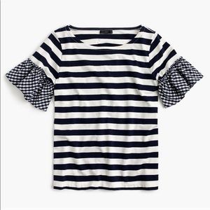 J. Crew Navy Striped and Gingham Ruffle Sleeve Tee - size Small